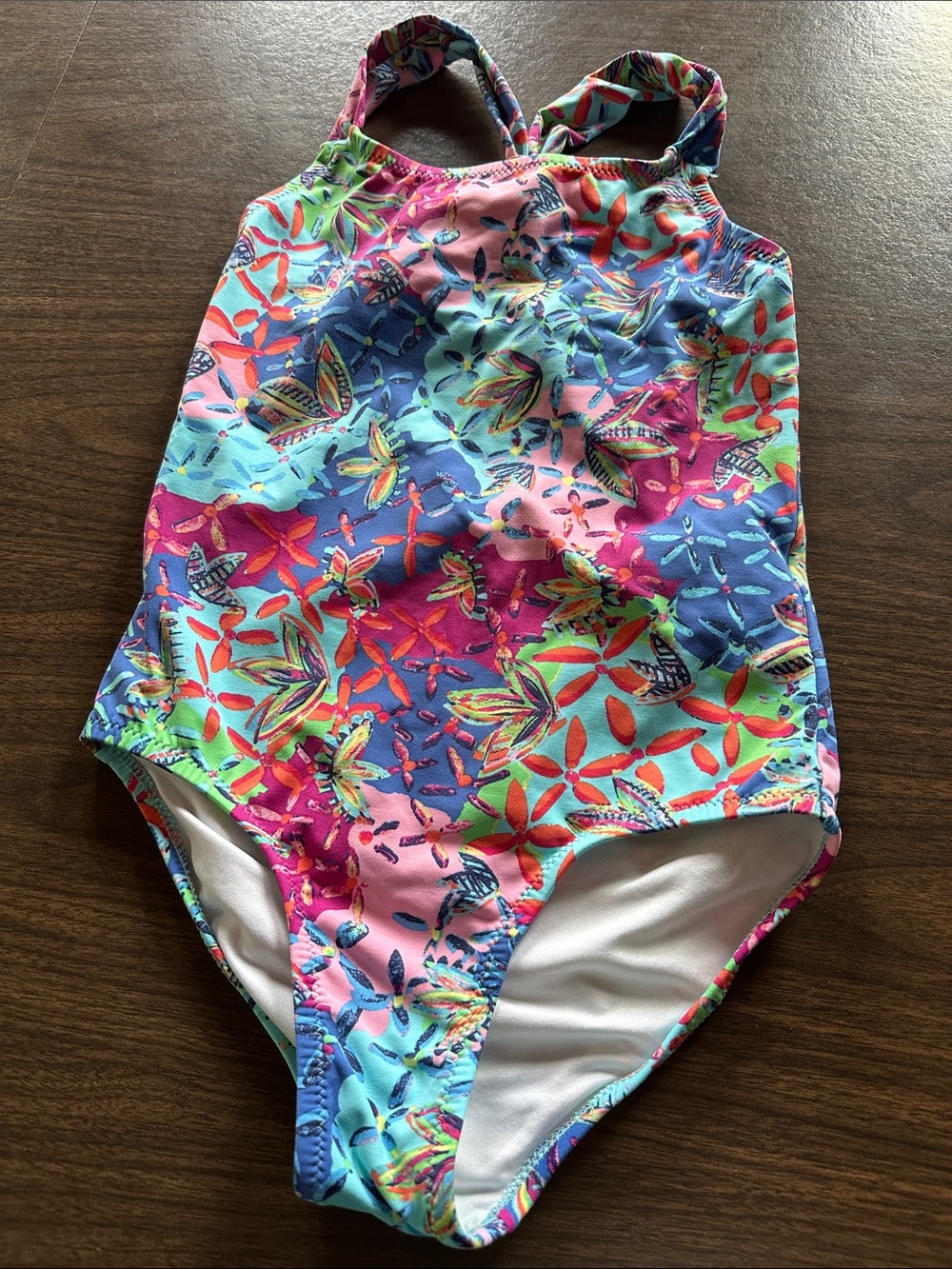 Garnet Hill Girls' Pink Blue Multicolor Floral One-Piece Swimsuit